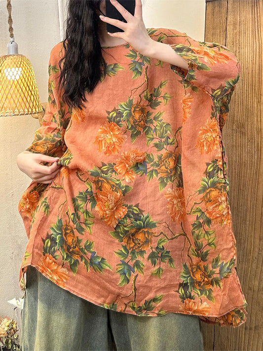 Women Summer Vintage Flower O-Neck Ramie Shirt CC017 ZMMM