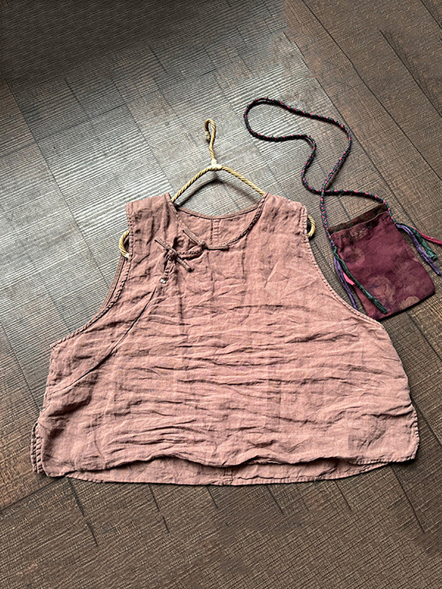 Women Summer Vintage Solid Buckle Linen Vest CC015 QYMM