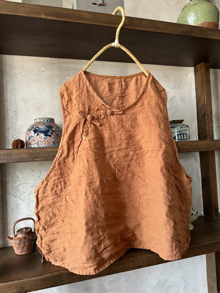 Women Summer Vintage Solid Buckle Linen Vest CC015 QYMM