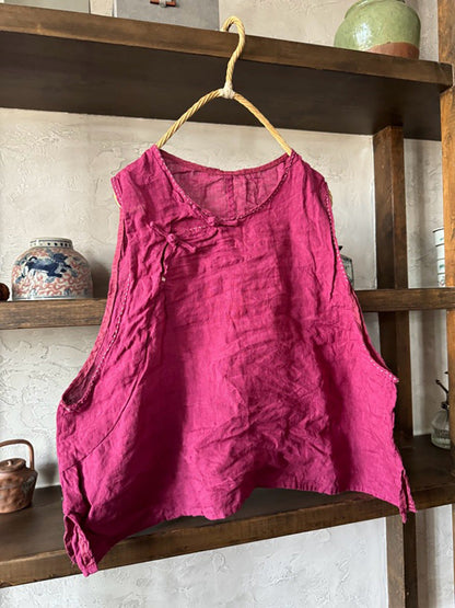 Women Summer Vintage Solid Buckle Linen Vest CC015 QYMM