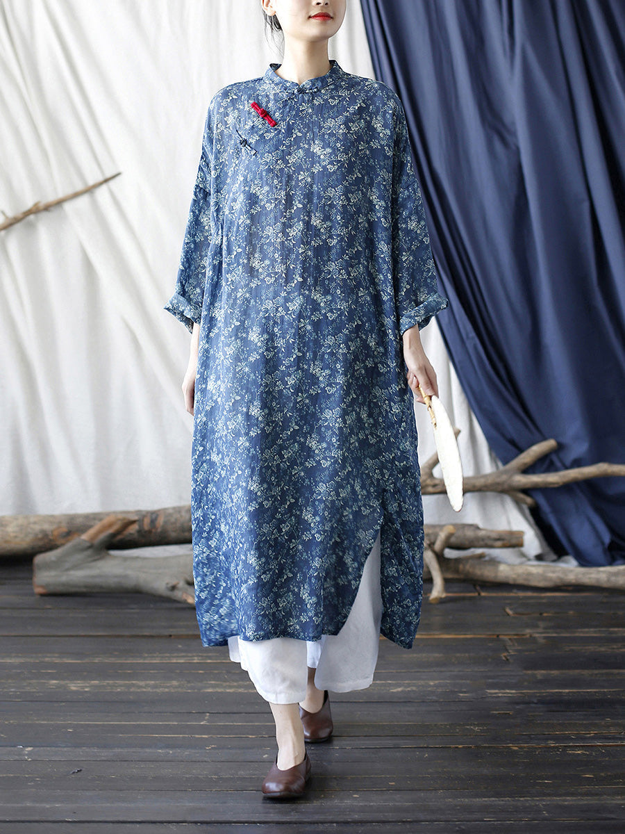 Women Summer Ethnic Floral Buckle Ramie Robe Dress CC018 XIM