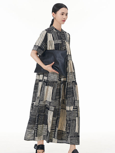 Women Summer Artsy O-Neck Stripe Loose Tiered Dress CC020 AYFZ