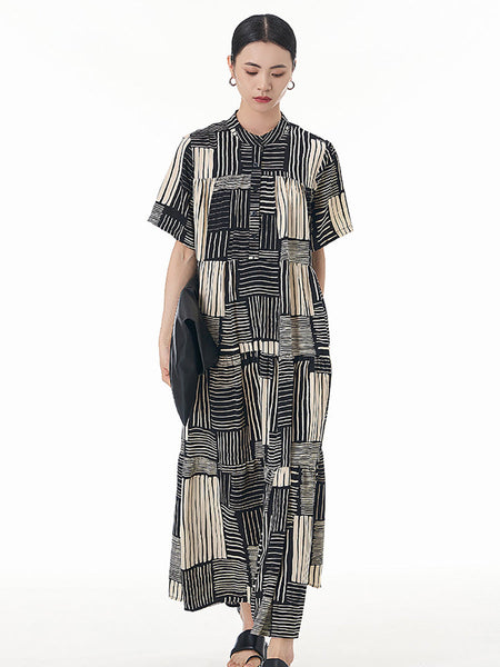 Women Summer Artsy O-Neck Stripe Loose Tiered Dress CC020 AYFZ