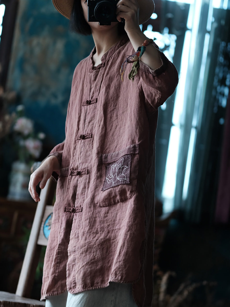 Women Summer Vintage Button-up Embroidery Linen Shirt Coat CC021 JSHY