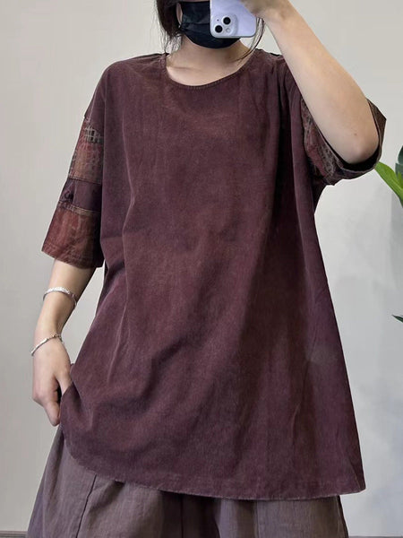 Women Summer Retro Spliced O-neck Worn Cotton Shirt CC023 GLL