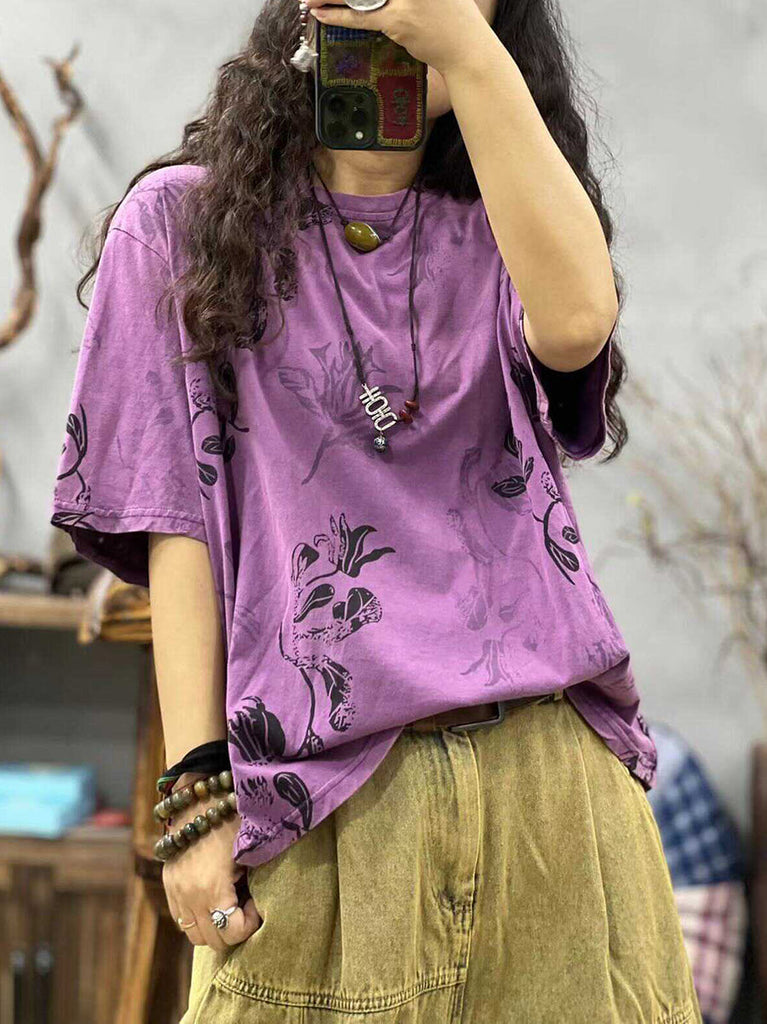 Women Summer Casual Flower O-Neck Loose Shirt CC027 LZYC