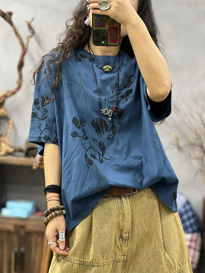 Women Summer Casual Flower O-Neck Loose Shirt CC027 LZYC