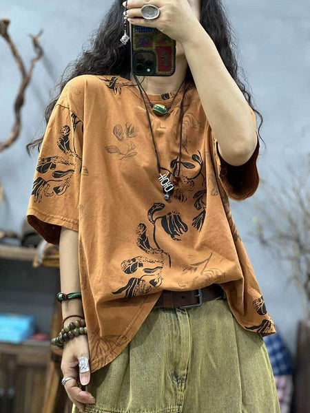 Women Summer Casual Flower O-Neck Loose Shirt CC027 LZYC