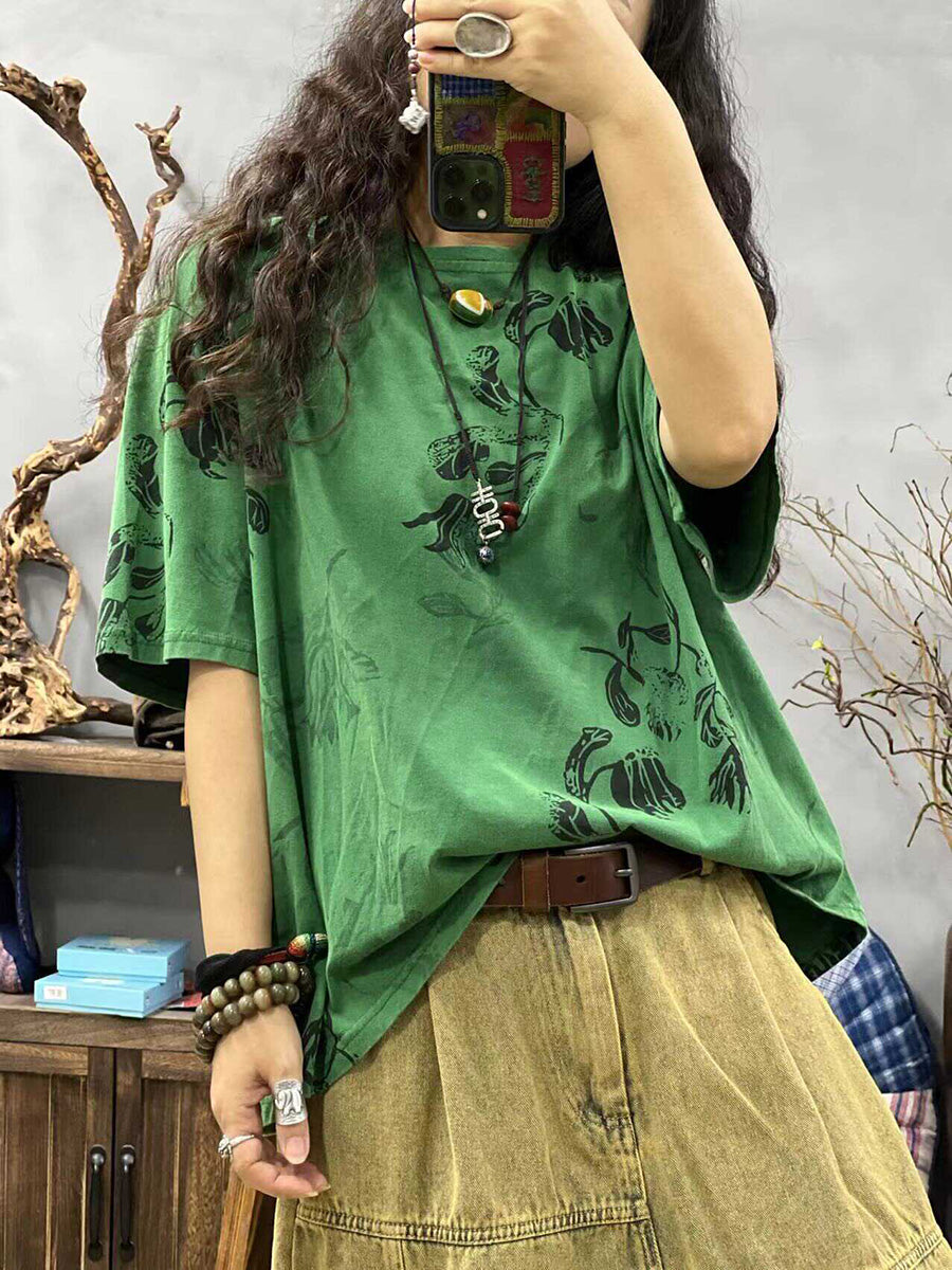 Women Summer Casual Flower O-Neck Loose Shirt CC027 LZYC