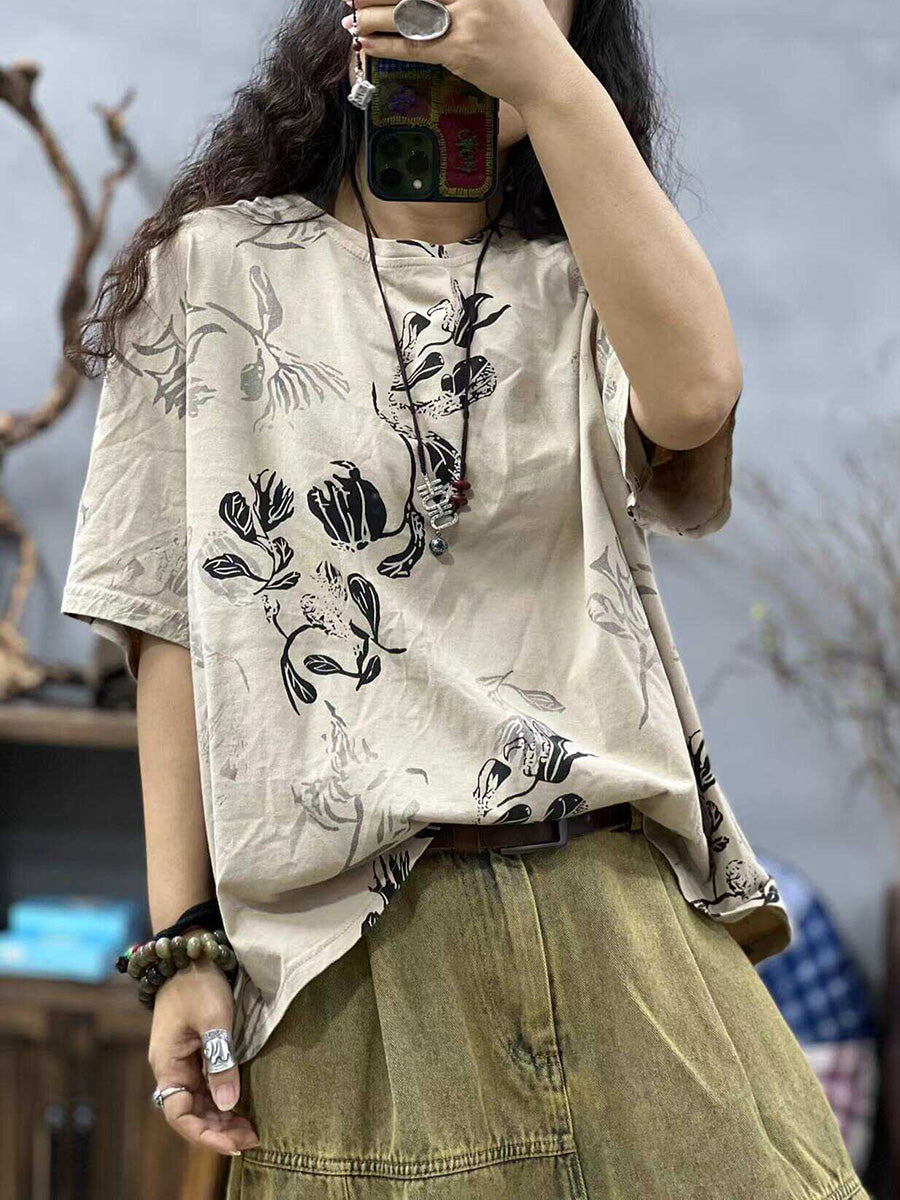 Women Summer Casual Flower O-Neck Loose Shirt CC027 LZYC