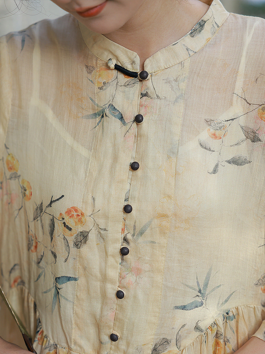 Women Summer Artsy Button Floral Stand Collar Ramie Dress CC006 TCFS