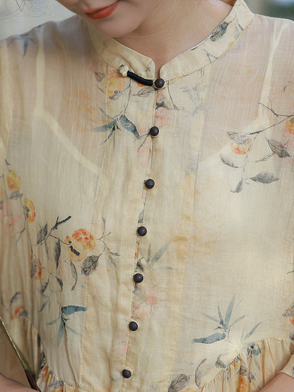 Women Summer Artsy Button Floral Stand Collar Ramie Dress CC006 TCFS