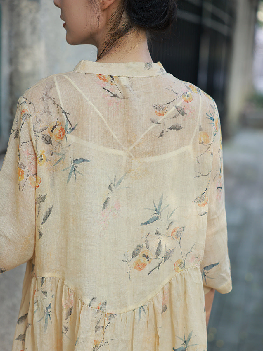 Women Summer Artsy Button Floral Stand Collar Ramie Dress CC006 TCFS