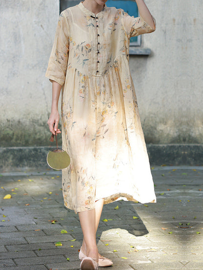 Women Summer Artsy Button Floral Stand Collar Ramie Dress CC006 TCFS