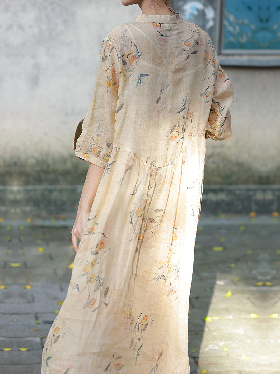 Women Summer Artsy Button Floral Stand Collar Ramie Dress CC006 TCFS