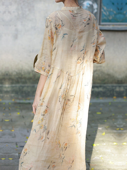 Women Summer Artsy Button Floral Stand Collar Ramie Dress CC006 TCFS