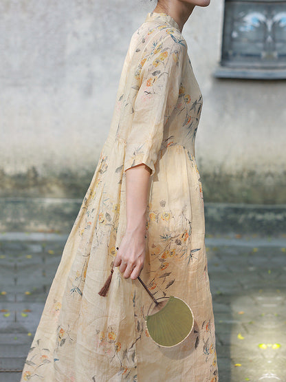 Women Summer Artsy Button Floral Stand Collar Ramie Dress CC006 TCFS