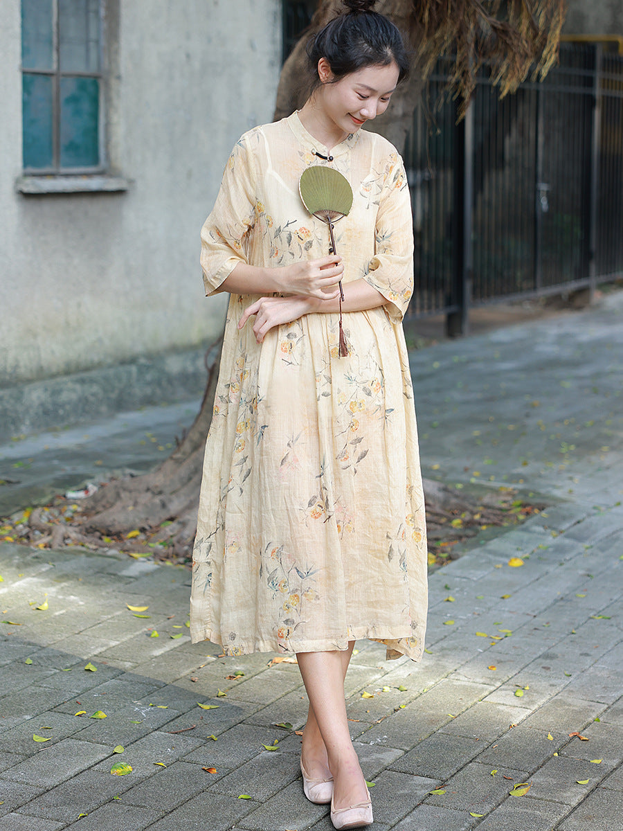 Women Summer Artsy Button Floral Stand Collar Ramie Dress CC006 TCFS