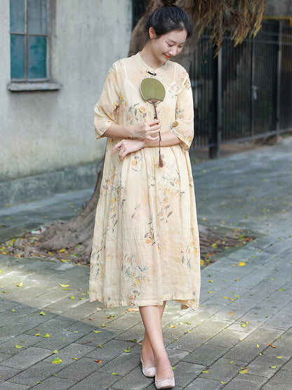 Women Summer Artsy Button Floral Stand Collar Ramie Dress CC006 TCFS