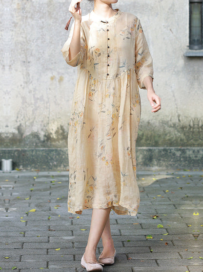 Women Summer Artsy Button Floral Stand Collar Ramie Dress CC006 TCFS