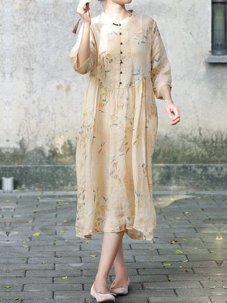 Women Summer Artsy Button Floral Stand Collar Ramie Dress CC006 TCFS