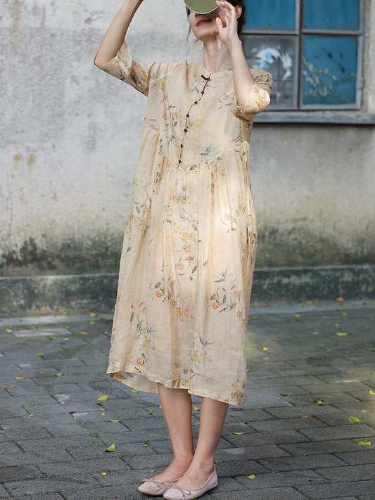 Women Summer Artsy Button Floral Stand Collar Ramie Dress CC006 TCFS