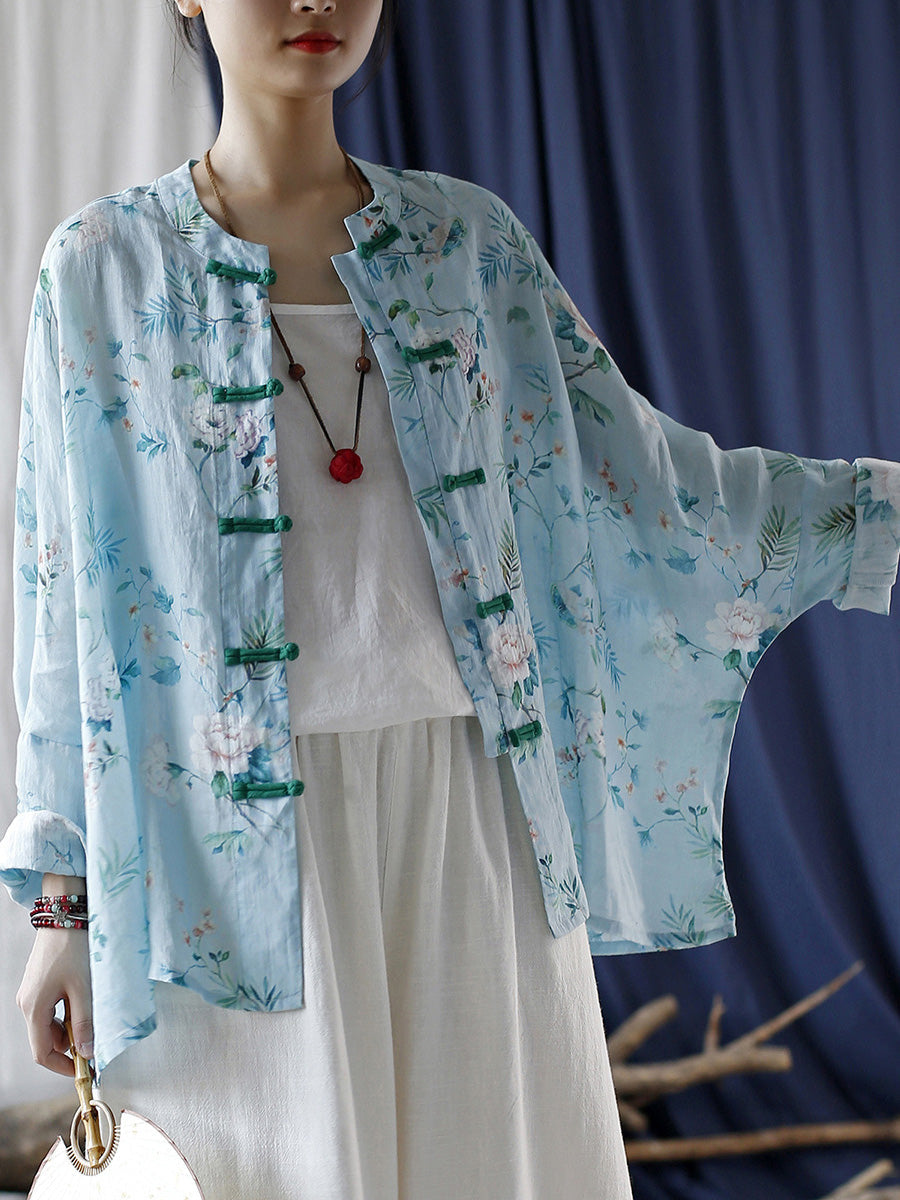 Women Summer Vintage Floral Button-up Ramie Shirt CX006 XIM