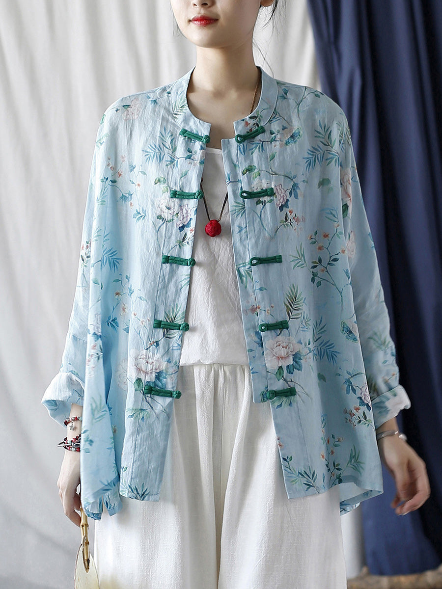 Women Summer Vintage Floral Button-up Ramie Shirt CX006 XIM