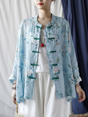 Women Summer Vintage Floral Button-up Ramie Shirt CX006 XIM