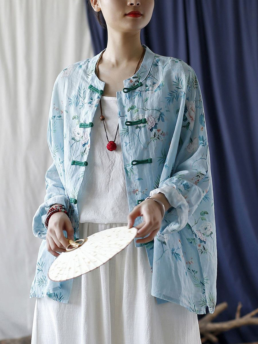 Women Summer Vintage Floral Button-up Ramie Shirt CX006 XIM