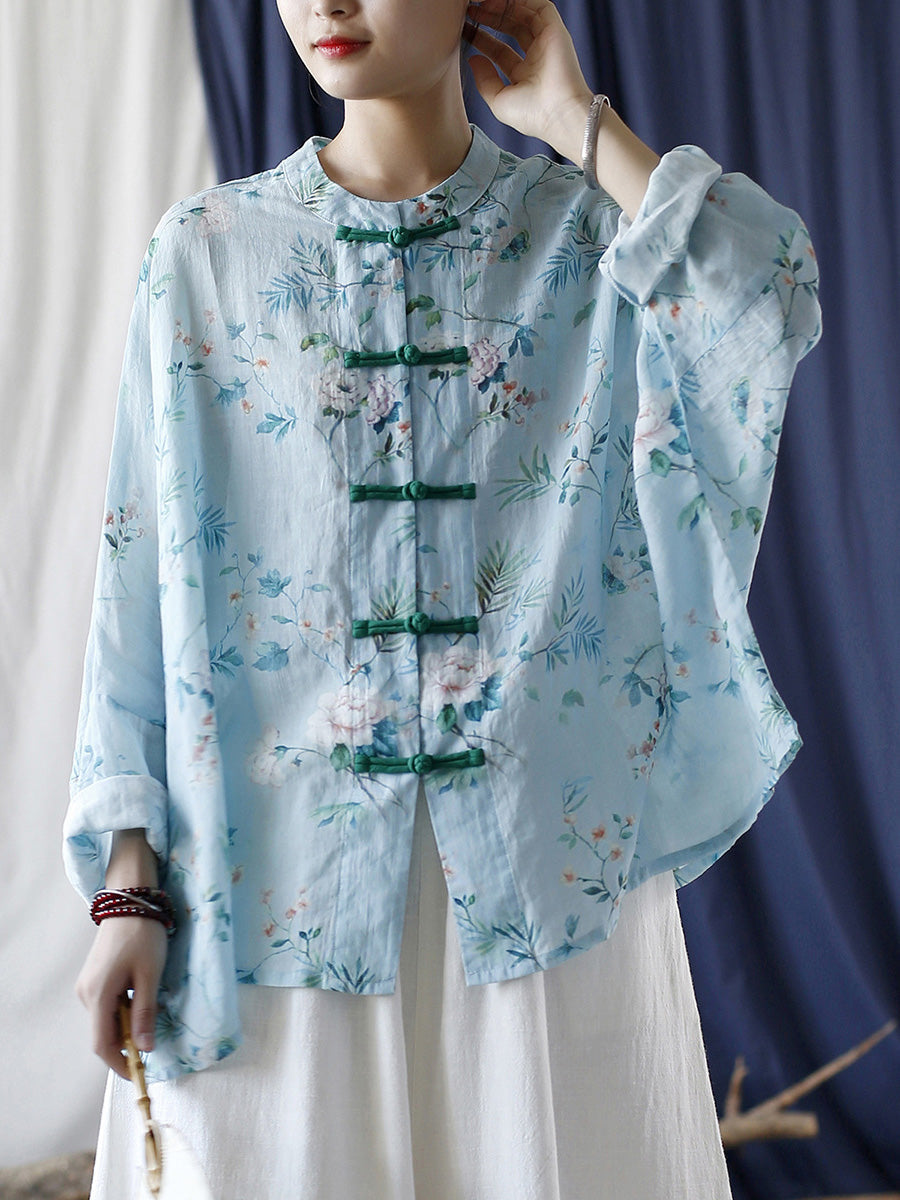 Women Summer Vintage Floral Button-up Ramie Shirt CX006 XIM