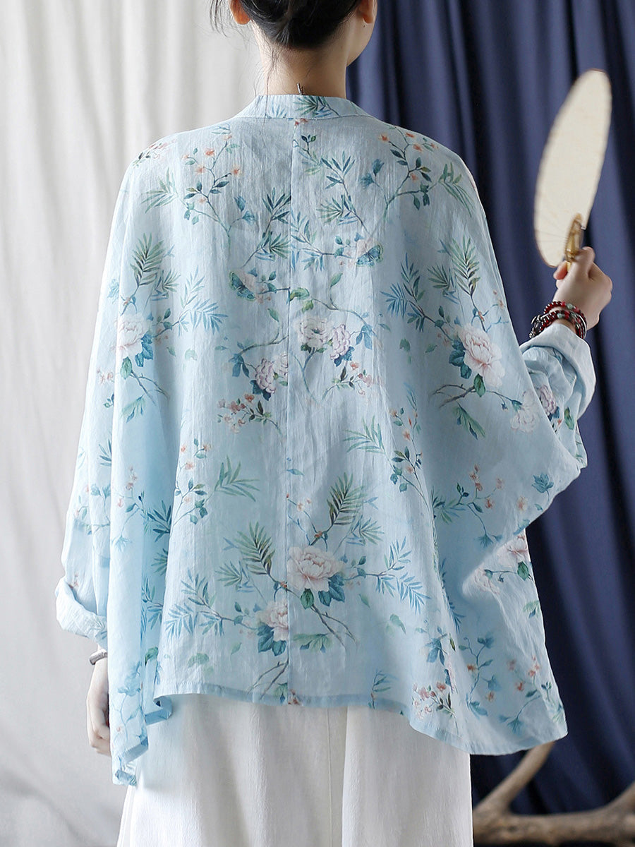 Women Summer Vintage Floral Button-up Ramie Shirt CX006 XIM