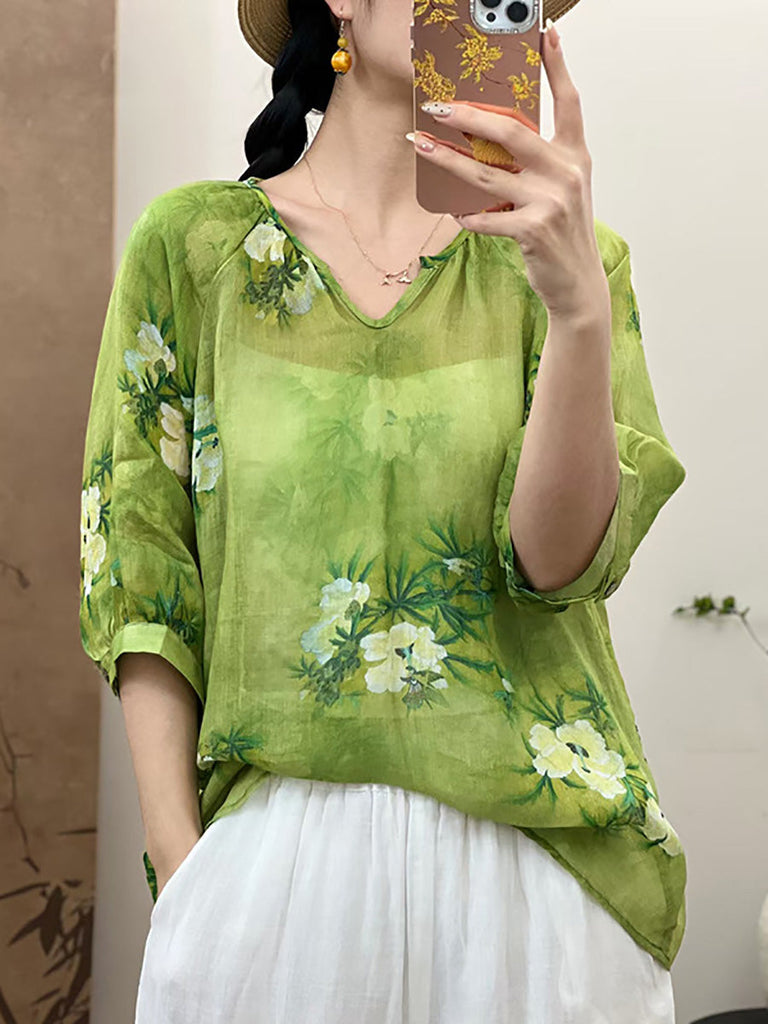 Women Summer Artsy Flower V-Neck Ramie Shirt CX009 QYZY