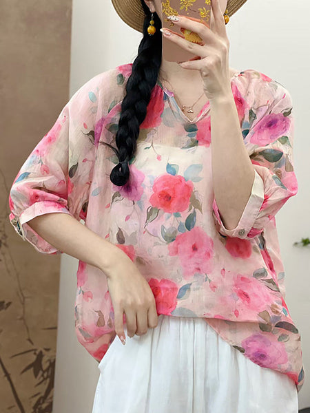 Women Summer Artsy Flower V-Neck Ramie Shirt CX009 QYZY