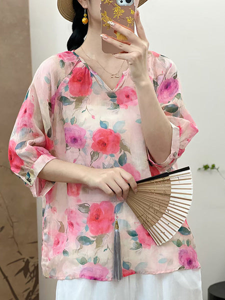 Women Summer Artsy Flower V-Neck Ramie Shirt CX009 QYZY