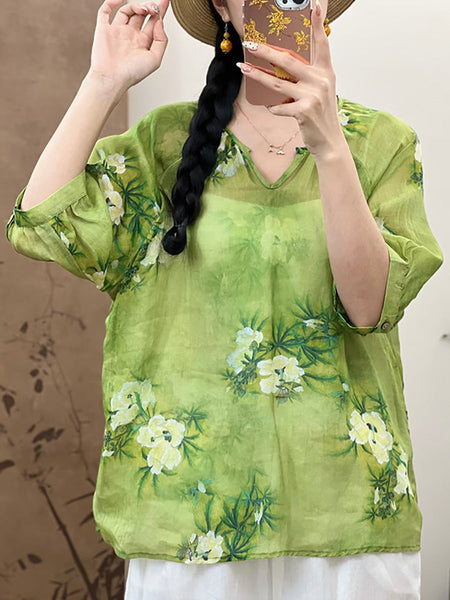 Women Summer Artsy Flower V-Neck Ramie Shirt CX009 QYZY