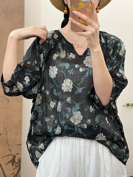 Women Summer Artsy Flower V-Neck Ramie Shirt CX009 QYZY