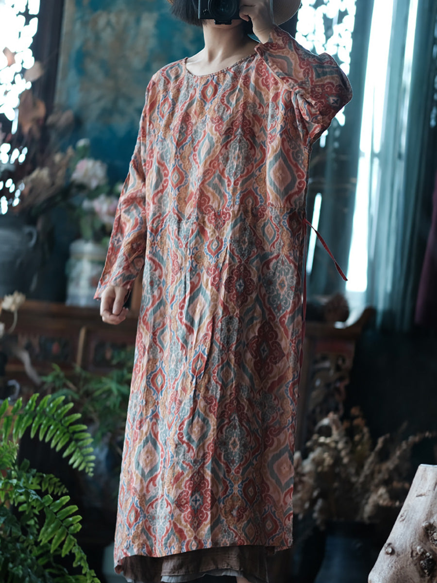 Women Vintage Print O-Neck Ramie Long Robe Shirt CX014 BUYKUD