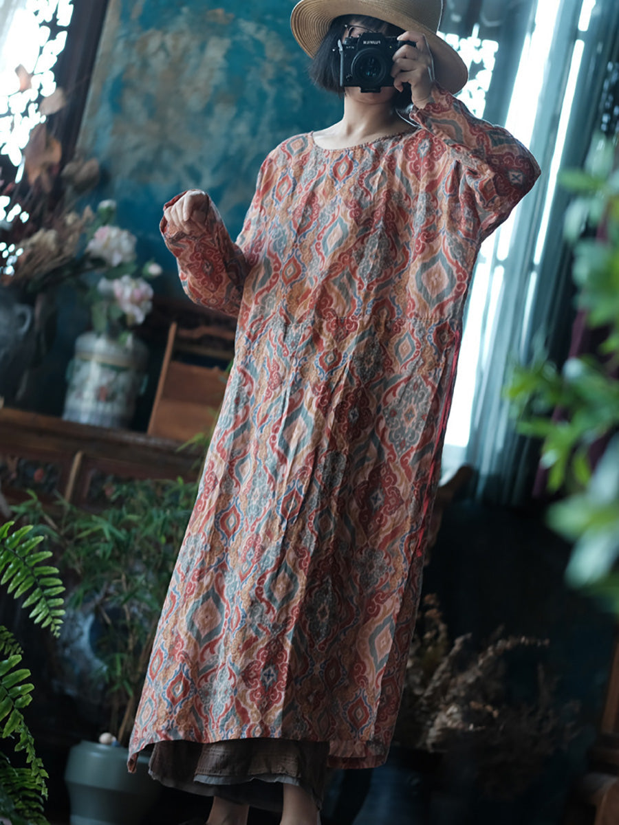 Women Vintage Print O-Neck Ramie Long Robe Shirt CX014 BUYKUD