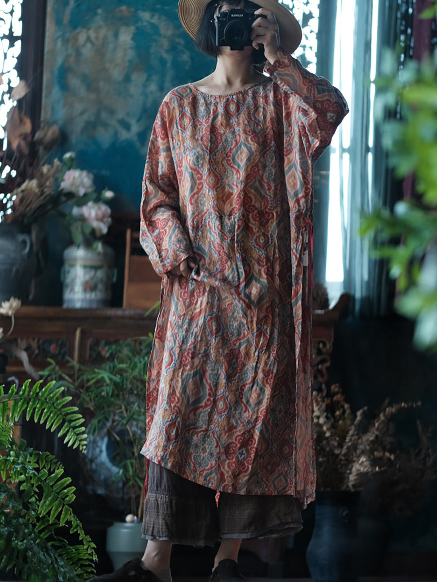 Women Vintage Print O-Neck Ramie Long Robe Shirt CX014 BUYKUD