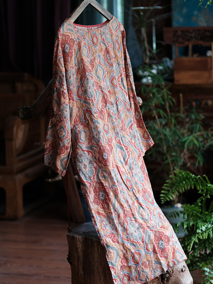 Women Vintage Print O-Neck Ramie Long Robe Shirt CX014 BUYKUD