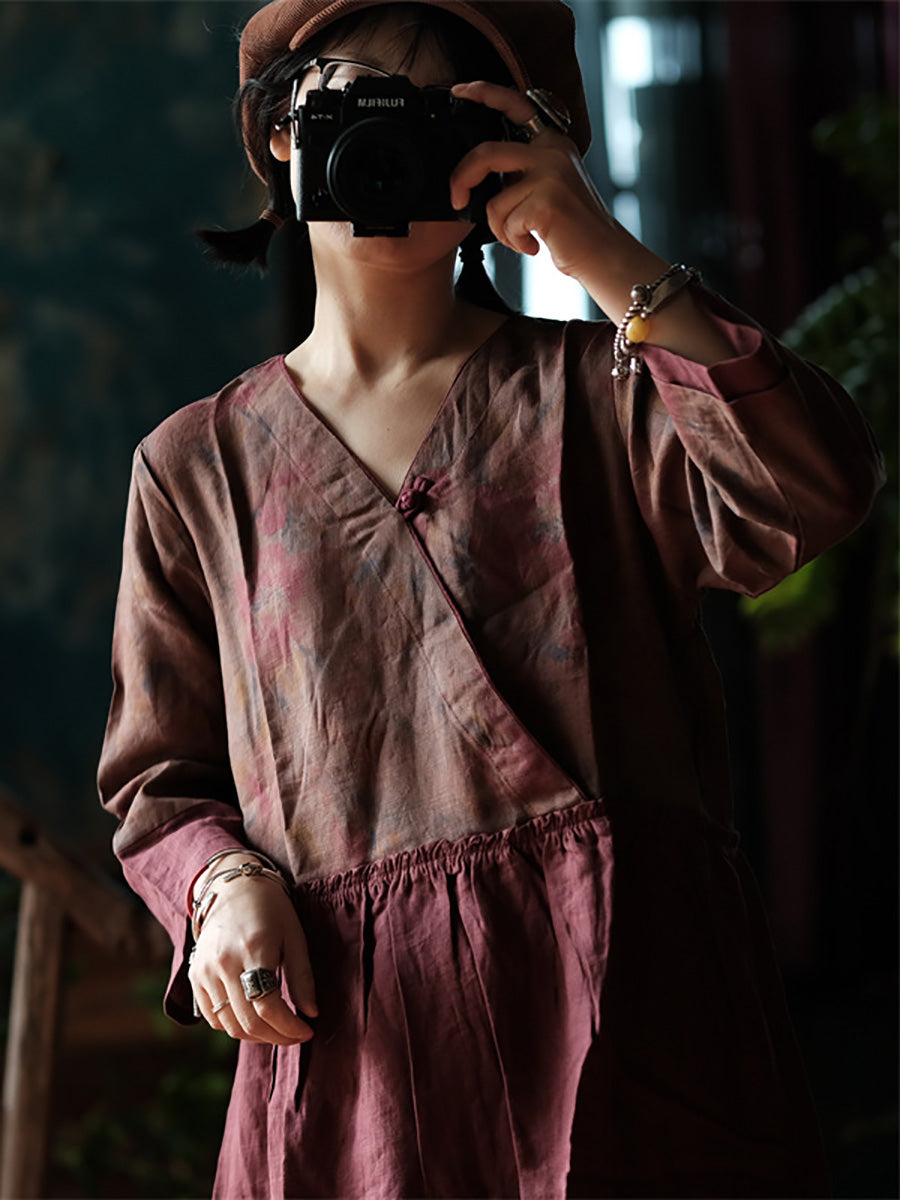 Women Summer Vintage Flower Spliced V-Neck 100%Linen Dress CX015 BUYKUD