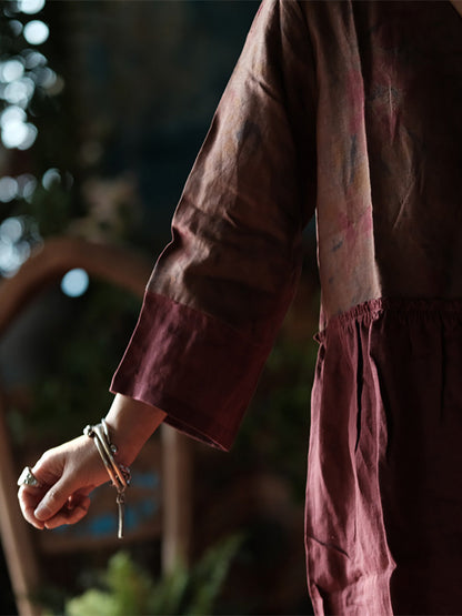 Women Summer Vintage Flower Spliced V-Neck 100%Linen Dress CX015 BUYKUD