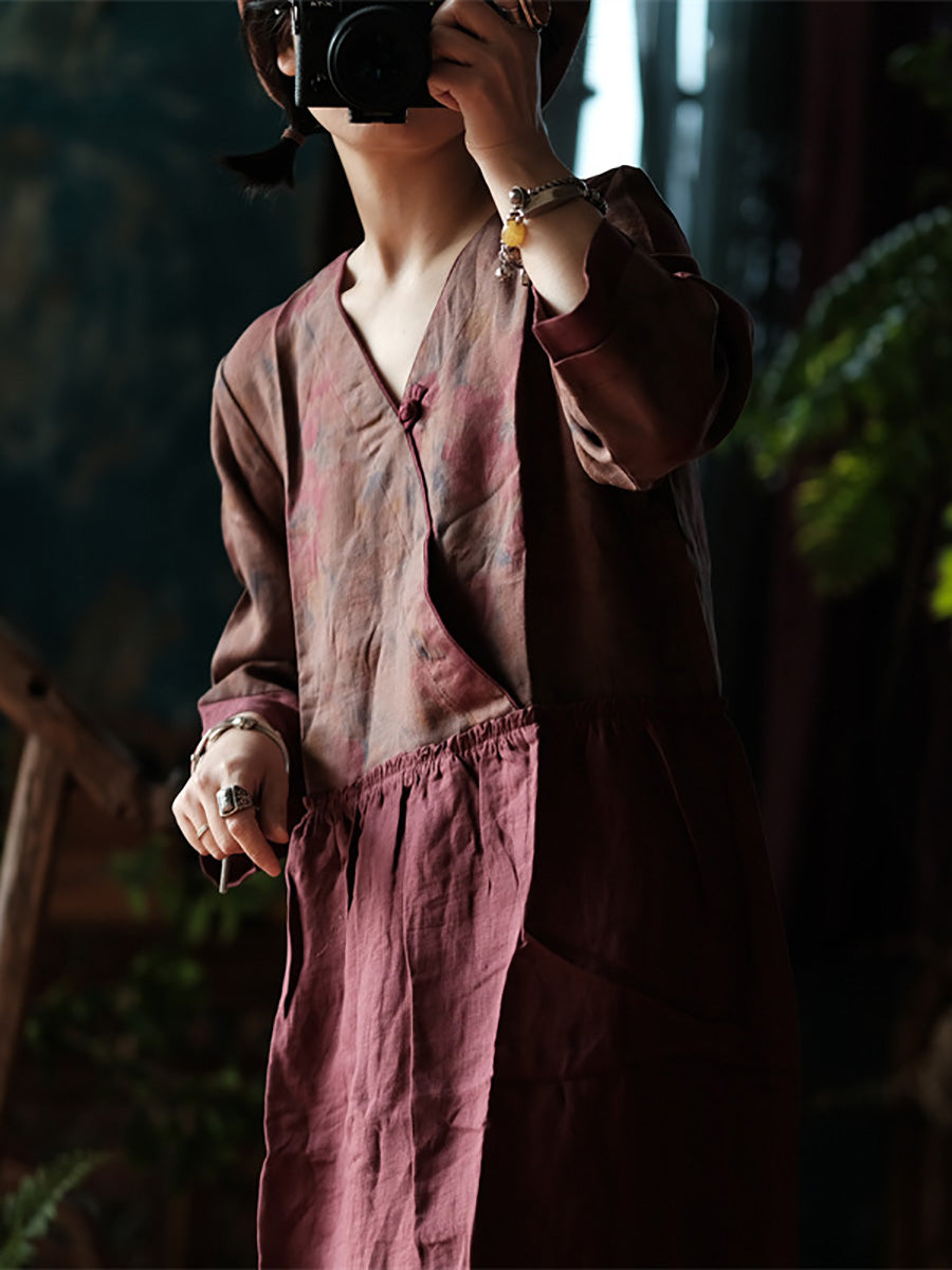 Women Summer Vintage Flower Spliced V-Neck 100%Linen Dress CX015 BUYKUD