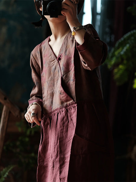 Women Summer Vintage Flower Spliced V-Neck 100%Linen Dress CX015 BUYKUD