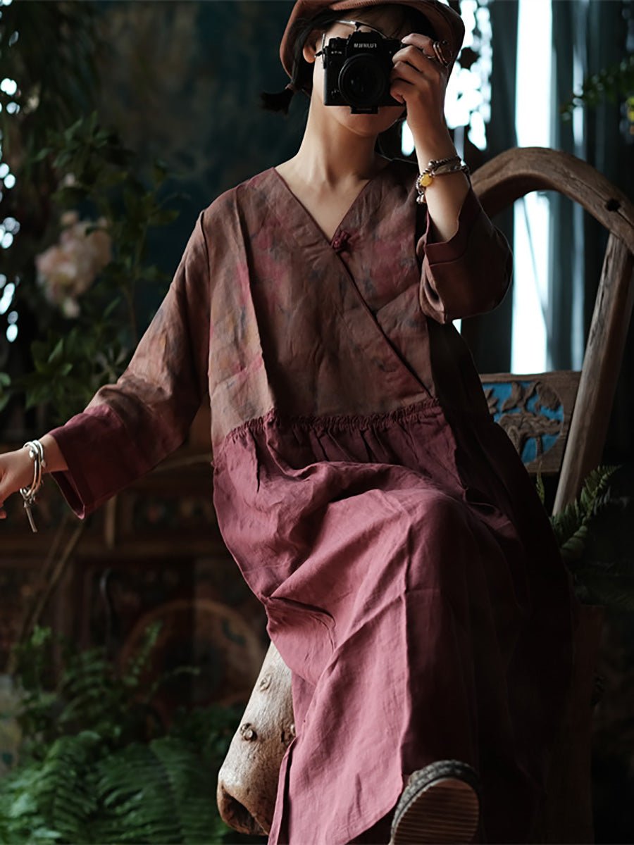 Women Summer Vintage Flower Spliced V-Neck 100%Linen Dress CX015 BUYKUD