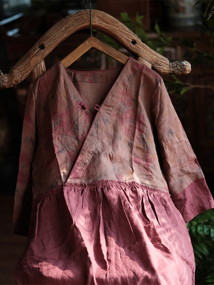 Women Summer Vintage Flower Spliced V-Neck 100%Linen Dress CX015 BUYKUD