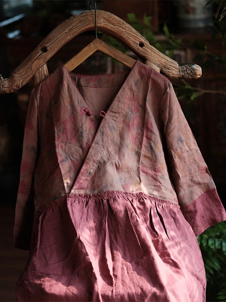 Women Summer Vintage Flower Spliced V-Neck 100%Linen Dress CX015 BUYKUD