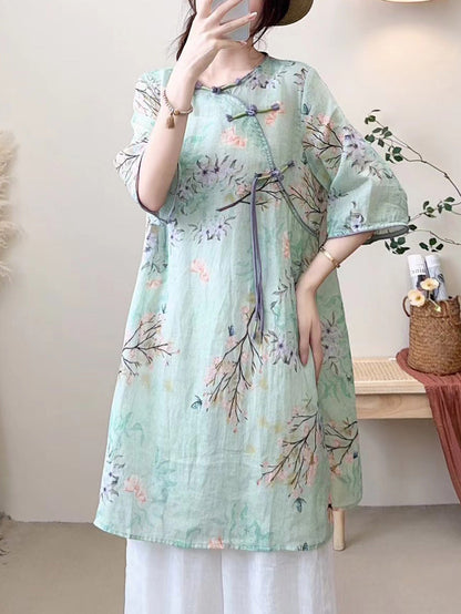 Women Summer Ethnic Flower Buckle O-Neck Ramie Dress CX023 BUYKUD