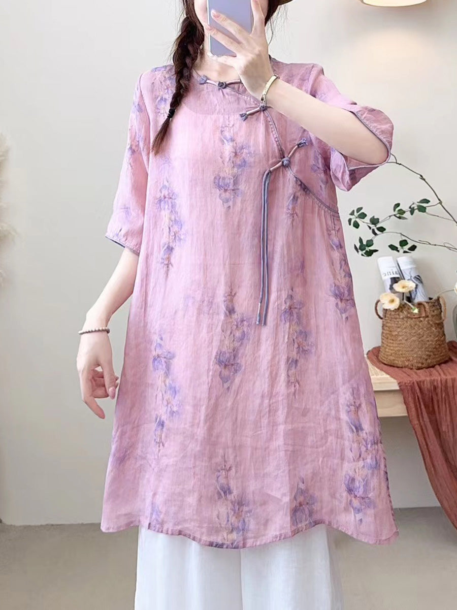 Women Summer Ethnic Flower Buckle O-Neck Ramie Dress CX023 BUYKUD